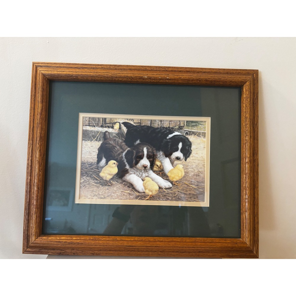 Jim Lamb Fowl Play Puppies and Chicks Framed Art Print Wood Frame 16.5x14